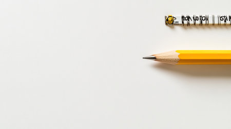 A yellow pencil and a pencil sharpener rest elegantly on a clean white surface. This minimalistic setup captures creativity and simplicity, perfect for education and office themes.の素材