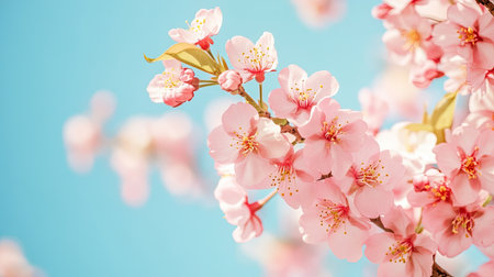 Delicate pink cherry blossoms bloom against a clear blue sky, creating a serene and vibrant spring scene perfect for nature lovers and seasonal themes.の素材