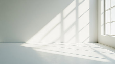 A bright, empty room filled with soft sunlight creating dynamic shadows on the white walls and floor. Ideal for minimalist and modern interior concepts.の素材