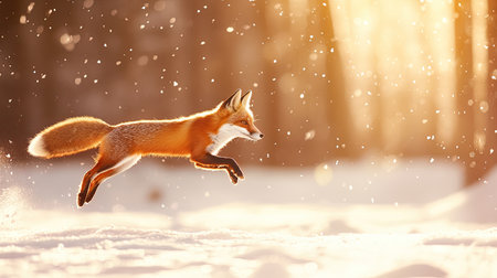 A stunning fox leaps gracefully through a snowy forest at sunrise, embodying the spirit of adventure and freedom in a breathtaking winter scene.の素材
