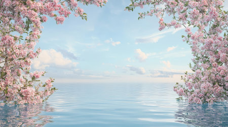 A mesmerizing view of a calm sea framed by vibrant cherry blossoms under a clear sky. This serene backdrop captures the essence of tranquility and beauty in nature.の素材