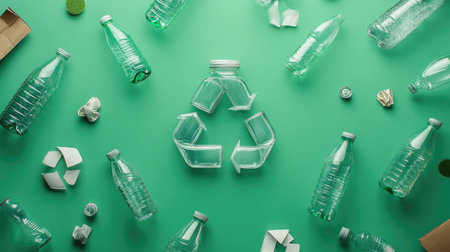 A vibrant flat lay of various plastic bottles and recycling symbols on a green background, highlighting the importance of recycling and sustainability in daily life.の素材