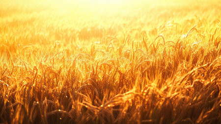 A stunning golden wheat field bathed in soft morning light at sunrise. This serene landscape captures the beauty and tranquility of nature, ideal for agricultural themes.の素材