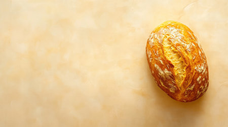 A beautifully crafted round artisan bread loaf rests on a light surface, showcasing a golden crust and inviting texture, perfect for culinary inspiration.の素材