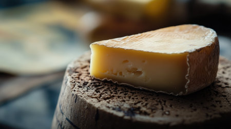 A close-up image showcasing a delicious slice of aged cheese on a natural cork background, highlighting its creamy texture and rich flavor, perfect for cheese lovers.の素材