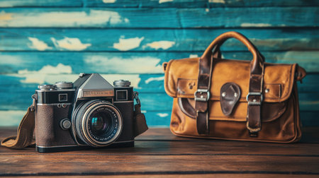 A vintage camera rests beside a stylish leather bag on a rustic wooden table. The warm tones create a nostalgic atmosphere, perfect for photography enthusiasts.の素材