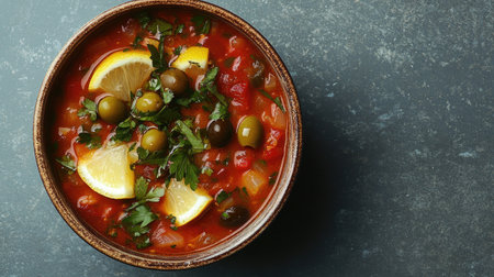 A rustic bowl of fresh vegetable soup garnished with lemon slices and olives, showcasing vibrant colors and a healthy mix of ingredients perfect for any meal.の素材