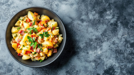 A vibrant fresh vegetable salad featuring diced potatoes, colorful toppings, and herbs. Perfect for a healthy meal or as a side dish, showcasing natural ingredients.の素材