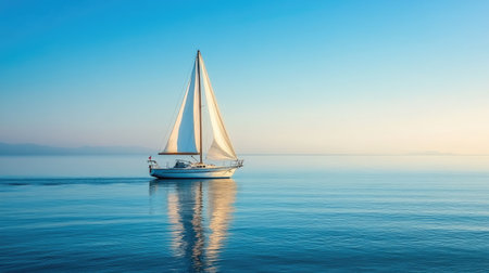 A serene scene of a sailboat gliding over calm waters, capturing the tranquility of the moment. The soft colors of the sky mirror the peaceful ocean, inviting adventure.の素材