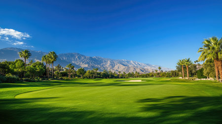 Explore the breathtaking landscape of a golf course set against majestic mountains and a clear blue sky, ideal for leisure and relaxation.の素材