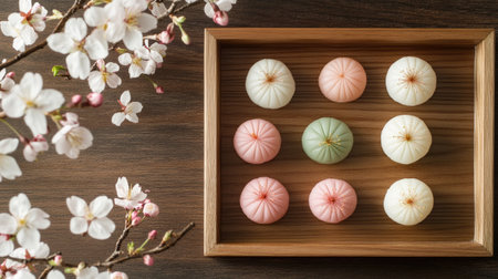 Capture the beauty of traditional Japanese sweets displayed elegantly on a wooden tray, surrounded by delicate cherry blossoms, showcasing artistry and culture.の素材