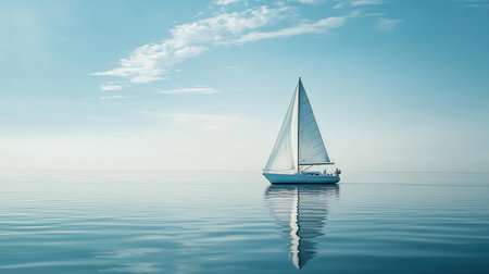 A peaceful scene of a sailboat gliding effortlessly on calm waters, reflecting the serene blue sky. Perfect for evoking feelings of tranquility and adventure.の素材