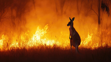 A striking silhouette of a kangaroo stands resilient against a raging fire, highlighting the urgency of wildlife survival during devastating Australian bushfires.の素材