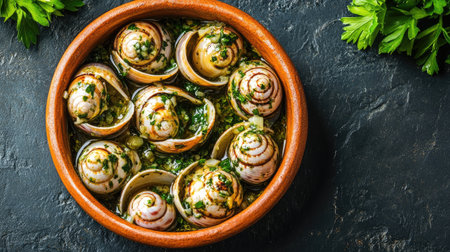 Indulge in a gourmet experience with this delicious escargot served in herb garlic butter and garnished with fresh parsley, perfect for any dining occasion.の素材