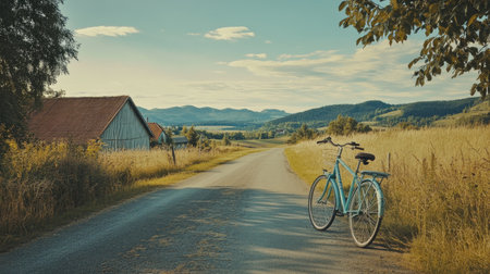 A tranquil countryside scene showcasing a vintage blue bicycle parked beside a winding road, surrounded by fields, hills, and a serene sky. Perfect for capturing the essence of rural leisure and exploration.の素材