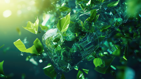 A captivating image of shattered glass surrounded by vibrant green leaves, symbolizing resilience and renewal in nature. Perfect for themes of sustainability and growth.の素材