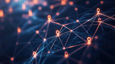 Explore this abstract illustration featuring interconnected nodes and glowing lines, emphasizing modern technology and network dynamics in a digital landscape.の素材