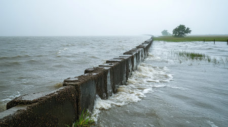 Dramatic stormy seascape featuring crashing waves against a concrete jetty under a gloomy sky. The image captures the intensity of nature in a coastal setting.の素材