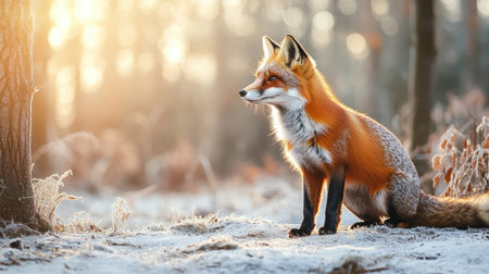 A stunning red fox sits gracefully in a snowy forest, illuminated by golden hour light. The serene atmosphere captures the essence of winter wildlife in its natural habitat.の素材