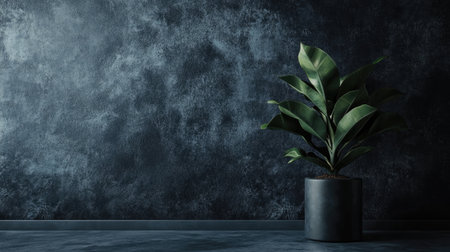 A vibrant green plant in a sleek pot sets a serene atmosphere against a dark textured wall, perfect for minimalistic home decor and tranquil spaces.の素材