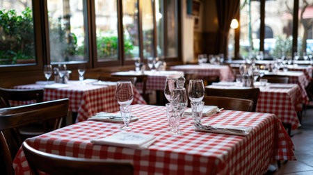 A cozy restaurant interior featuring empty tables with red and white checkered tablecloths and glassware. Natural light streams in through large windows, creating a warm atmosphere.の素材