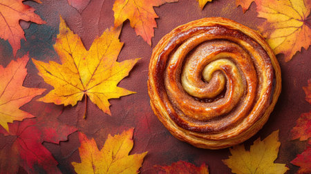 A delightful swirled pastry sits atop vibrant autumn leaves, creating a warm seasonal vibe. Ideal for food photography, recipes, and autumn-themed designs.の素材