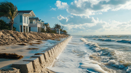 A serene coastal view featuring gentle waves lapping against a sandy shore. Beachfront homes line the horizon under a colorful sunset sky, perfect for relaxation.の素材