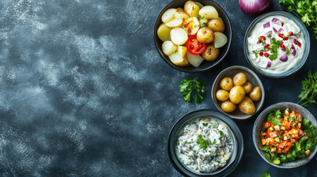 A beautiful arrangement of fresh healthy dishes featuring cooked potatoes and various creamy dips. Perfect for meal prep or as a vibrant party platter.の素材