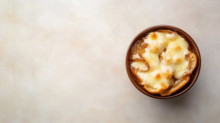 A beautifully presented bowl of French onion soup topped with melted cheese showcases comfort and richness, perfect for culinary enthusiasts and food lovers.の素材