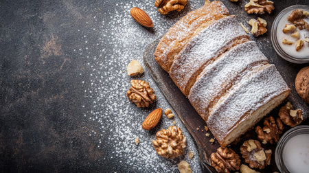 A beautifully arranged slice of freshly baked cake adorned with powdered sugar and surrounded by nuts, perfect for dessert lovers and foodie enthusiasts.の素材