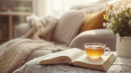 This cozy reading nook features a warm ambiance with a cup of tea on an open book, surrounded by fresh flowers and soft textiles, perfect for relaxation.の素材