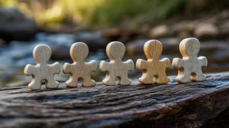 A serene arrangement of wooden figurines positioned along a riverbank, showcasing craftsmanship and harmony with nature, ideal for themed projects and creative designs.の素材
