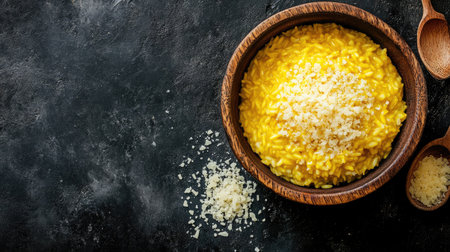 Enjoy a delicious creamy yellow risotto topped with cheese, served elegantly in a wooden bowl. Perfect for a cozy dinner or a refined culinary experience.の素材
