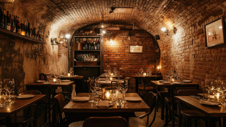 Discover a cozy vintage restaurant interior featuring soft lighting and rustic charm. This warm and inviting space creates an intimate atmosphere for dining.の素材