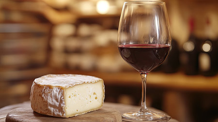 A rustic presentation of a creamy cheese paired with a glass of red wine embodies elegance and indulgence, perfect for gatherings or intimate moments.の素材