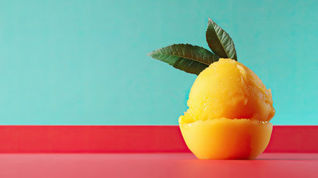 A delightful presentation of bright yellow sorbet served in a bowl, garnished with fresh green leaves against a bright background, perfect for summer joy.の素材