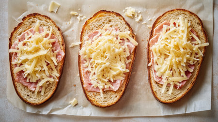 Discover a delightful snack of open-faced sandwiches featuring hearty ham and rich cheese. Perfect for lunch or a quick treat, these are easy to prepare.の素材