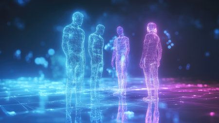 Ethereal human figures illuminated by neon colors create a captivating digital landscape, representing technology connections and virtual interactions in a mesmerizing scene.の素材