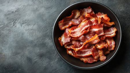 Enjoy a close-up view of crispy bacon strips in a sleek black bowl. Perfect for culinary uses, this appetizing snack adds flavor and texture to any meal.の素材