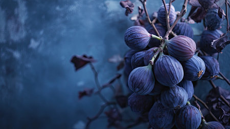 A captivating close-up of fresh blue figs resting on their branch against a dark textured background. Perfect for showcasing nature's beauty and healthy eating.の素材