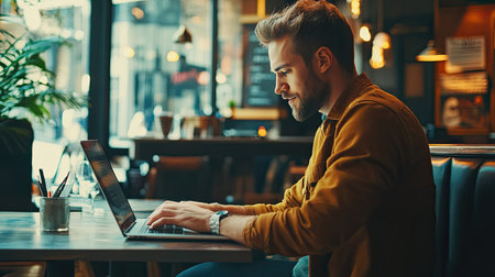 A young man engaged in work on his laptop at a stylish cafe, surrounded by a warm and inviting atmosphere. Ideal for themes of productivity and modern lifestyles.の素材