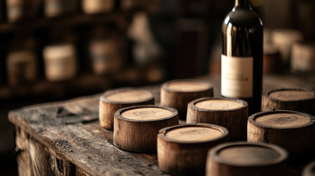 A rustic scene depicting wooden containers and a bottle of red wine on a weathered table, perfect for enhancing cozy gatherings and elegant dinners.の素材