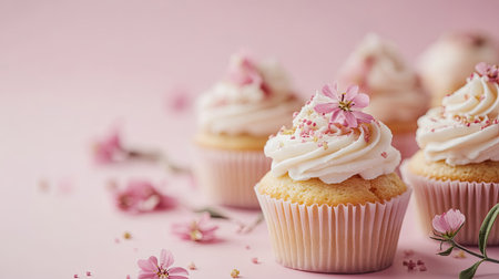 Delight in these beautifully crafted cupcakes topped with whipped cream and delicate flower decorations, perfect for celebrations and special occasions.の素材