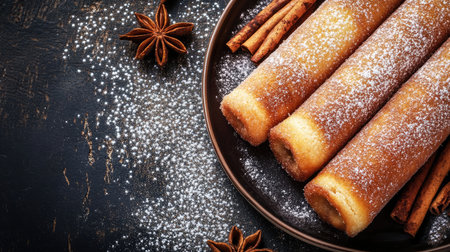 A close-up view of delightful sweet pastries dusted with powdered sugar, nestled among aromatic cinnamon sticks and star anise, perfect for any occasion.の素材