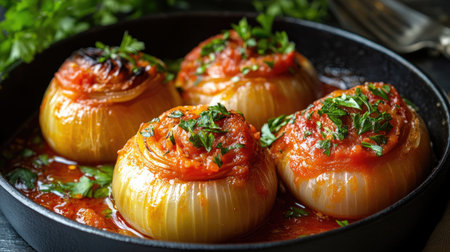 A delicious serving of stuffed onions in rich tomato sauce topped with fresh herbs. Perfect for a satisfying meal, embodying vibrant flavors and healthy ingredients.の素材