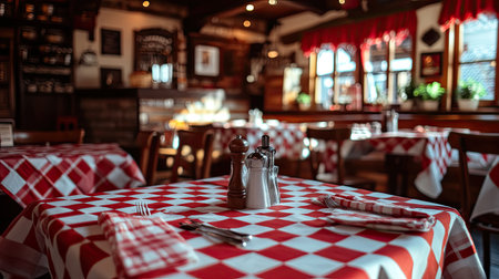 Charming restaurant interior featuring red checkered tablecloths and warm lighting, perfect for family gatherings, romantic dinners, or casual meals with friends.の素材