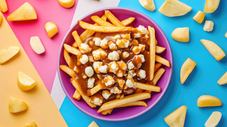A vibrant and appetizing plate featuring crispy fries generously topped with cheese curds and rich gravy. Perfect for fast food lovers.の素材
