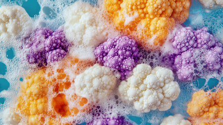 This image features an artistic arrangement of colorful foam bubbles in shades of orange, purple, and white, creating a playful and vibrant visual.の素材