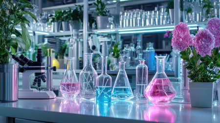 A vibrant laboratory scene featuring glass flasks with colorful liquids, a microscope, and lush plants on a sleek countertop, ideal for scientific exploration.の素材