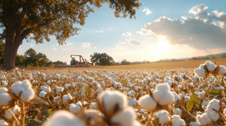 A picturesque cotton field bathed in warm sunset light, showcasing blooming white cotton plants, while farming machinery appears in the distance, enhancing the rural charm.の素材